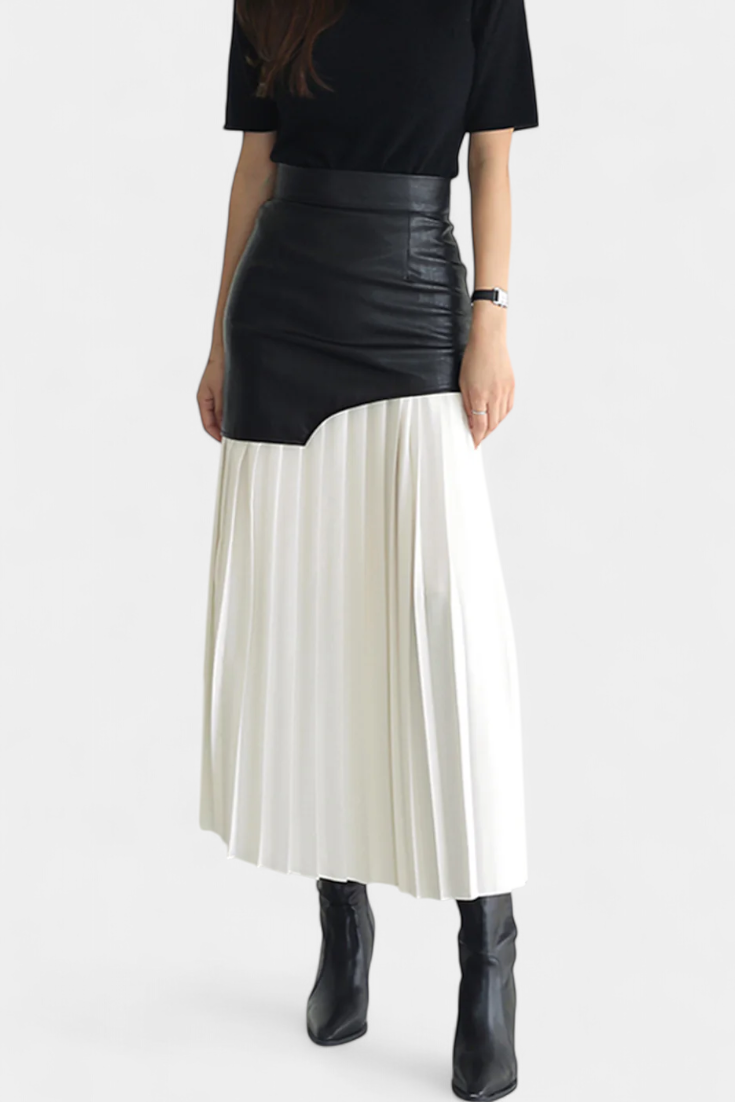 Asymetrická maxi sukně z chiffon a syntetické kůže