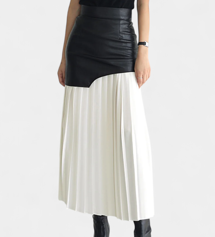 Asymetrická maxi sukně z chiffon a syntetické kůže