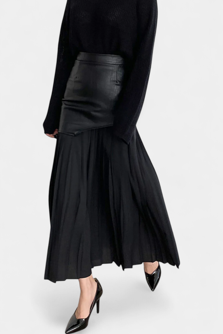 Asymetrická maxi sukně z chiffon a syntetické kůže