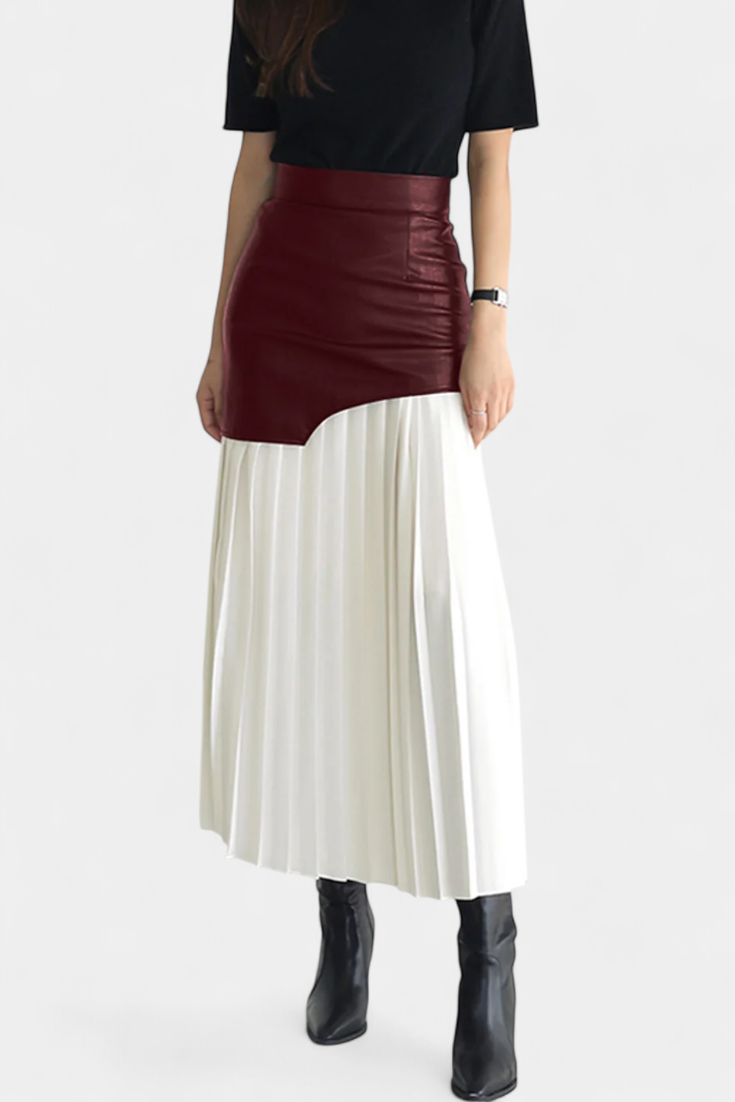 Asymetrická maxi sukně z chiffon a syntetické kůže