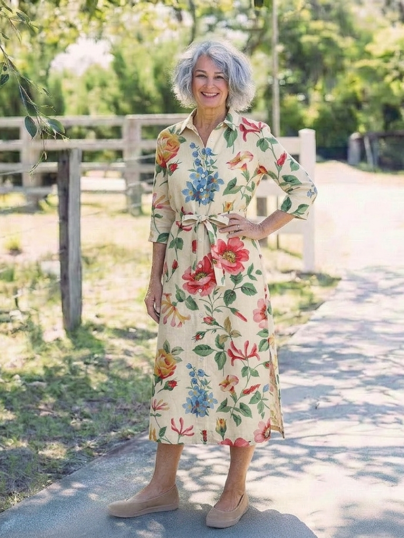 Charlotte | Midi šaty s květinami a krátkými rukávy s knoflíky