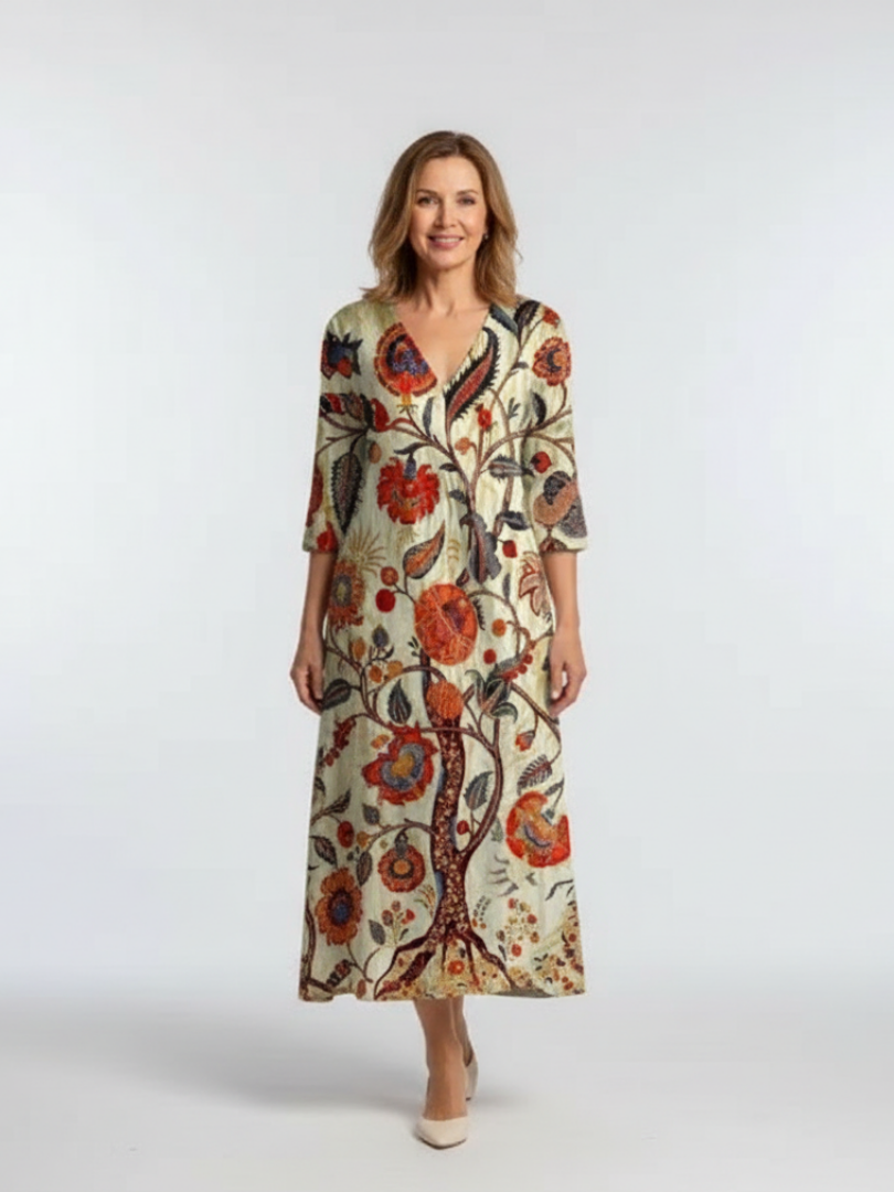 Élise | Květinové midi šaty s dlouhými rukávy ve tvaru V