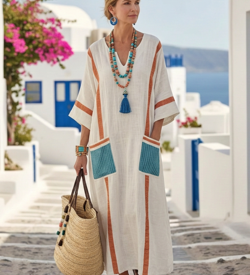 Madeleine | Maxi šaty s středně dlouhými rukávy a výstřihem do V