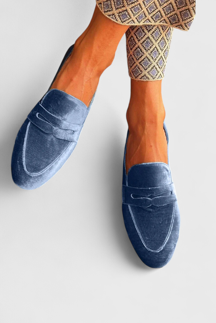 Modrý Velur | Mokasíny s patchwork detaily a kulatou špičkou