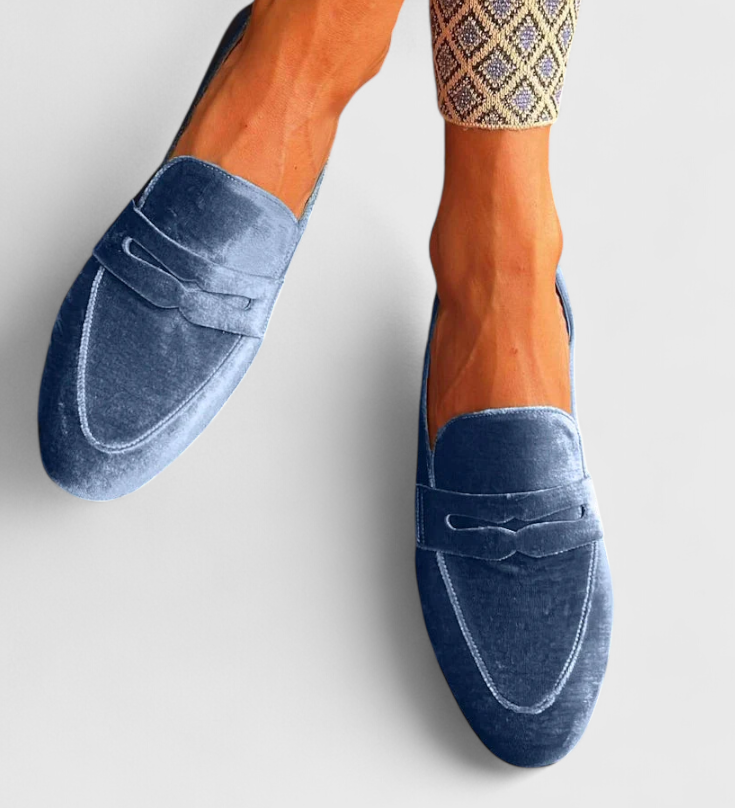 Modrý Velur | Mokasíny s patchwork detaily a kulatou špičkou