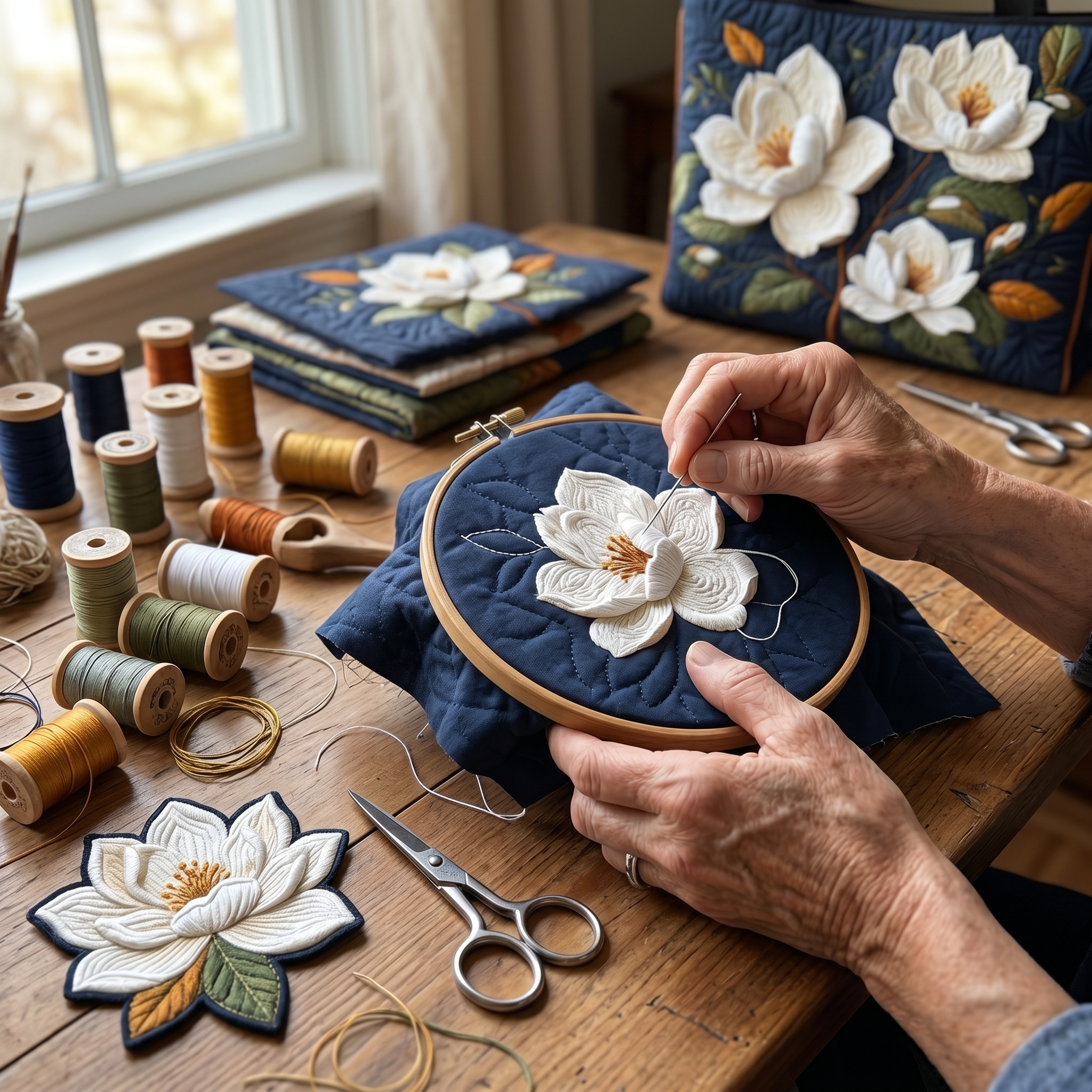 Ručně vyrobená vyšívaná taška z magnolie